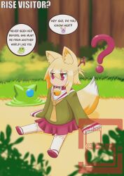 Rule 34 | 1girl, animal ears, bell, blonde hair, blurry, blurry background, blurry foreground, borrowed character, brown necktie, collar, commentary, day, depth of field, english commentary, english text, exbea-kin:, eyes visible through hair, forest, fox ears, fox girl, fox tail, full body, green shirt, hair between eyes, hair bun, hair ornament, highres, jingle bell, kemomimi-chan (naga u), long sleeves, nature, neck bell, necktie, on grass, original, outdoors, pleated skirt, purple collar, purple eyes, purple footwear, purple skirt, ribbon-trimmed legwear, ribbon trim, sailor collar, sandals, shirt, shoe soles, sitting, skirt, sleeves past fingers, sleeves past wrists, slime (creature), tail, thighhighs, watermark, white sailor collar, white thighhighs, zouri
