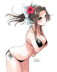 Rule 34 | 1girl, 2018, bikini, black bikini, blush, bow, breasts, brown eyes, brown hair, cleavage, collarbone, cowboy shot, crossed arms, dated, floating hair, flower, hair bow, hair flower, hair ornament, hibiscus, jintsuu (kancolle), kantai collection, large breasts, leaning forward, long hair, nagihashi koko, navel, ponytail, red flower, side-tie bikini bottom, simple background, sketch, solo, standing, swimsuit, twintails, white background