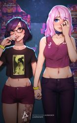 Rule 34 | 2girls, aurahack, black shirt, blue eyes, choker, covering face, crop top, fingers to mouth, glasses, highres, holding hands, jewelry, leg tattoo, light particles, lips, midriff, multiple girls, nail polish, navel, nightclub, original, pants, patreon username, pink hair, poster (object), purple hair, red eyes, ring, shirt, short hair, shorts, t-shirt, tattoo, wedding ring, wristband, yuri