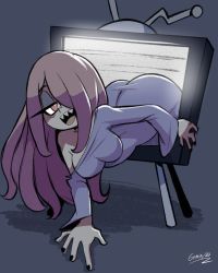 Rule 34 | 1girl, ass, bigdead, breasts, cosplay, hair over one eye, highres, little witch academia, medium breasts, sucy manbavaran, television, the ring, tv, yamamura sadako, yamamura sadako (cosplay)