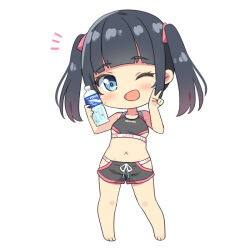 Rule 34 | 1girl, ;d, bare arms, bare shoulders, barefoot, black hair, black shorts, blue eyes, blush, bottle, breasts, clothes writing, commentary request, english text, full body, hands up, hatsunatsu, head tilt, hip vent, holding, holding bottle, navel, notice lines, one eye closed, open mouth, original, short shorts, shorts, small breasts, smile, solo, standing, twintails, v, water bottle, x navel