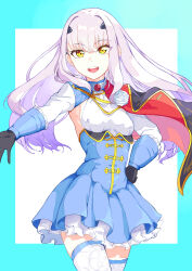 Rule 34 | 1girl, :d, black cape, black gloves, blue dress, border, breasts, cape, cowboy shot, dress, fate/grand order, fate (series), floating cape, floating hair, flower, frilled dress, frills, gloves, grey hair, hair between eyes, hand on own hip, kamesan231, layered dress, long hair, looking at viewer, melusine (fate), open mouth, outside border, outstretched arm, pleated dress, short dress, side cape, sideboob, simple background, small breasts, smile, solo, teeth, thighhighs, two-tone dress, upper teeth only, white flower, white thighhighs, yellow eyes