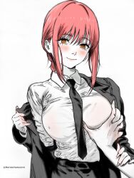 1boy 1girl black_jacket black_necktie black_pants blush breasts chainsaw_man commentary_request grabbing_another&#039;s_breast groping guided_breast_grab guiding_hand harutoyumaarts hetero highres holding_another&#039;s_wrist jacket large_breasts looking_at_viewer makima_(chainsaw_man) necktie pants shirt simple_background smile twitter_username upper_body white_background white_shirt