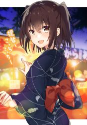 Rule 34 | 1girl, :d, blue kimono, blush, brown eyes, brown hair, food stand, from side, japanese clothes, kantai collection, kimono, looking at viewer, night, night sky, obi, open mouth, sash, sendai (kancolle), sky, smile, solo, translation request, two side up, upper body, yatai, yukata, yuzuttan