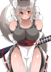 Rule 34 | 1girl, absurdres, animal ear fluff, animal ears, arms behind back, bare shoulders, blush, breasts, collarbone, commentary request, cowboy shot, detached sleeves, grey hair, grey tail, grey tank top, hair between eyes, hat, highres, inubashiri momiji, large breasts, looking at viewer, open mouth, pom pom (clothes), red eyes, red hat, red ribbon, regua, ribbon, ribbon-trimmed sleeves, ribbon trim, simple background, solo, tank top, tokin hat, touhou, white background, wolf ears