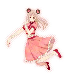 Rule 34 | 16 ban, 1girl, bandage on knee, bandaged arm, bandaged leg, bandages, bandaid, bandaid on cheek, bandaid on face, cropped jacket, drop shadow, full body, grey hair, hair ornament, hand up, heart, high heels, hunter x hunter, injury, jumping, long hair, looking at viewer, nail polish, outstretched arm, petticoat, pink skirt, puffy short sleeves, puffy sleeves, red footwear, red nails, sheila (hunter x hunter), shirt, short sleeves, skirt, skirt set, solo, white background, white shirt