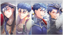Rule 34 | 4boys, armor, black gloves, blue hair, chest tattoo, closed mouth, column lineup, cu chulainn (caster) (fate), cu chulainn (fate), cu chulainn (fate) (all), cu chulainn (fate/prototype), cu chulainn (fate/stay night), cu chulainn alter (fate), cu chulainn alter (fate/grand order), earrings, expressionless, facial mark, fate/grand order, fate (series), fingerless gloves, fur trim, gae bolg (fate), gloves, gradient background, grey background, grin, hair over shoulder, hair strand, hand on own head, highres, hood, jewelry, kassan (kassan 5a), lancer, long hair, looking at viewer, male focus, multiple boys, pauldrons, ponytail, red eyes, shoulder armor, smile, tattoo, white background