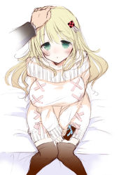 Rule 34 | 10s, 1girl, alternate costume, atago (kancolle), black thighhighs, blonde hair, blush, breasts, green eyes, hair ornament, kantai collection, large breasts, long hair, looking at viewer, mozuya murasaki, simple background, sitting, solo focus, sweater, thighhighs, white background, zettai ryouiki