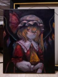 Rule 34 | 1girl, absurdres, black background, blonde hair, bow, canvas (object), closed mouth, commentary, cosplay, crystal wings, diamond (shape), english commentary, flandre scarlet, frilled hat, frilled shirt collar, frills, hand on own arm, hat, hat bow, head tilt, highres, long hair, long sleeves, looking at viewer, medium hair, mob cap, multicolored wings, oil painting (medium), orange eyes, painting (medium), photo (medium), picture frame, puffy long sleeves, puffy sleeves, red bow, red shirt, shirt, sidelocks, signature, solo, svveetberry, touhou, traditional media, upper body, white hat, white sleeves, wings