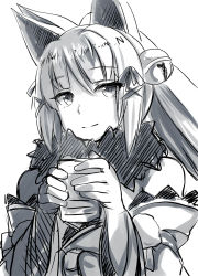Rule 34 | 1girl, animal ears, bad id, bad pixiv id, bare shoulders, belko, bell, bow, cup, eyelashes, fur, hair bow, jingle bell, long hair, looking to the side, monochrome, mug, original, sketch, solo