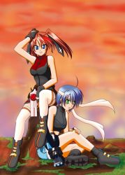 Rule 34 | 00s, 2girls, ankle boots, armpits, bare legs, black footwear, black gloves, blue eyes, boots, breasts, cross mirage, evening, full body, gloves, gun, large breasts, looking at viewer, lyrical nanoha, mahou shoujo lyrical nanoha, mahou shoujo lyrical nanoha strikers, multiple girls, orange sky, outdoors, red hair, revolver knuckle, skin tight, sky, standing, subaru nakajima, teana lanster, thigh strap, thighhighs, twintails, vest, weapon