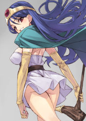 Rule 34 | 1girl, ass, bad id, bad pixiv id, blue hair, cape, chunsoft, dragon quest, dragon quest iii, enix, from behind, grey background, headwear request, light smile, long hair, looking back, matsuryuu, no panties, open mouth, red eyes, sage (dq3), simple background, solo