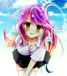 Rule 34 | 1girl, arm behind head, black skirt, blue sky, blush, breasts, cleavage, commentary request, spiked halo, cross, day, gradient eyes, gradient hair, hair ornament, hair scrunchie, halo, highres, jibril (no game no life), large breasts, leaning forward, long hair, looking at viewer, magic circle, mimi0846, multicolored eyes, multicolored hair, no game no life, orange eyes, parted lips, pink hair, scrunchie, shirt, skirt, sky, solo, symbol-shaped pupils, thighhighs, very long hair, white shirt, white thighhighs, wing ears, yellow eyes, zettai ryouiki