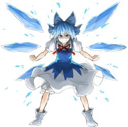Rule 34 | &gt;:), 1girl, bad id, bad pixiv id, bloomers, blue bow, blue dress, blue eyes, blue hair, bow, cirno, clenched hands, closed mouth, dress, full body, hair bow, ice, ice wings, kankan33333, looking at viewer, matching hair/eyes, neck ribbon, puffy short sleeves, puffy sleeves, red ribbon, ribbon, shaded face, shoes, short hair, short sleeves, solo, standing, touhou, tsurime, underwear, v-shaped eyebrows, white footwear, wing collar, wings