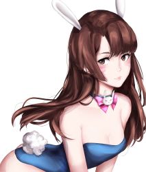 Rule 34 | 1girl, absurdres, animal ears, arched back, bare shoulders, bow, bowtie, breasts, brown eyes, brown hair, cleavage, collarbone, d.va (overwatch), detached collar, eyelashes, facepaint, facial mark, fake animal ears, highres, jackii, leotard, long hair, looking at viewer, medium breasts, overwatch, overwatch 1, pink bow, pink bowtie, playboy bunny, rabbit ears, rabbit tail, simple background, small breasts, solo, strapless, strapless leotard, tail, upper body, whisker markings, white background