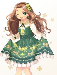Rule 34 | 1girl, ;d, brown hair, brown hairband, curtsey, dress, earrings, floral print, flower, gloves, green dress, green eyes, hair flower, hair ornament, hairband, highres, idolmaster, idolmaster cinderella girls, jewelry, kahiika, kusakabe wakaba, lace, lace gloves, long hair, long sleeves, looking at viewer, one eye closed, open mouth, simple background, skirt hold, smile, white background