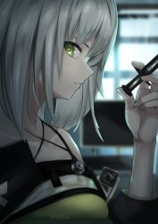 Rule 34 | 1girl, absurdres, arknights, bare shoulders, blurry, blurry background, commentary request, green eyes, hand up, highres, holding, indoors, kal&#039;tsit (arknights), looking at viewer, partial commentary, profile, short hair, silver hair, solo, upper body, yuryou jime