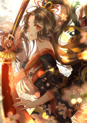 Rule 34 | 1girl, breasts, japanese clothes, kimono, long hair, looking at viewer, onmyoji, paujiou, solo, sword, weapon, yellow eyes, youtouhime