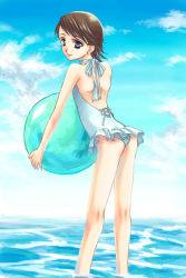 Rule 34 | 00s, 1boy, artist request, ass, bad proportions, ball, beach, beachball, brown hair, casual one-piece swimsuit, child, crossdressing, day, final fantasy, final fantasy xii, frilled swimsuit, frills, halterneck, larsa ferrinas solidor, leaning forward, looking back, male focus, one-piece swimsuit, outdoors, poorly drawn, sky, solo, swimsuit, trap, wading, water