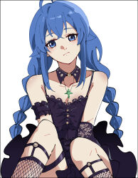 Rule 34 | 1girl, absurdres, bare shoulders, black dress, blue eyes, blue hair, blush, braid, breasts, cleavage, collarbone, cropped legs, detached collar, dress, fishnets, head tilt, highres, jewelry, looking at viewer, masruu, mushoku tensei, necklace, raised eyebrows, roxy migurdia, simple background, sitting, small breasts, solo, twin braids, white background