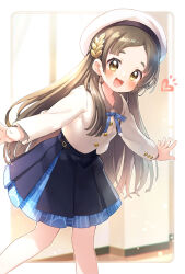 Rule 34 | 1girl, blue skirt, brown hair, chestnut mouth, commentary request, cowboy shot, gakuen idolmaster, hair ornament, highres, idolmaster, kito (sorahate), kuramoto china, leaf hair ornament, long hair, open mouth, outstretched arms, parted bangs, skirt, solo, tagme, very long hair, white beret, yellow eyes