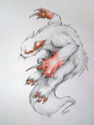 Rule 34 | claws, closed mouth, commentary, creature, creatures (company), endivinity, full body, game freak, gen 3 pokemon, jumping, nintendo, no humans, pokemon, pokemon (creature), pokemon rse, realistic, simple background, solo, traditional media, whiskers, white background, yellow eyes, zangoose