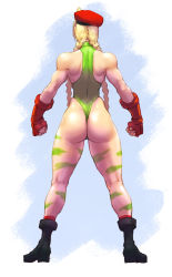 Rule 34 | 1girl, ass, beret, black footwear, braid, cammy white, camouflage, from behind, full body, gloves, hat, jiggeh, kneepits, leotard, red gloves, socks, solo, street fighter, thong leotard