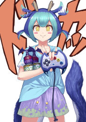 Rule 34 | + +, 1girl, absurdres, alternate costume, aqua hair, blue hair, blush stickers, controller, cowboy shot, cup ramen, dragon girl, dragon horns, dragon tail, dragonmaid (yu-gi-oh!), duel monster, enemy controller, flapping ears, game controller, highres, holding, holding controller, holding game controller, horns, instant fusion, laundry dragonmaid, multicolored hair, nutrient z, rari (badominton), shirt partially tucked in, short hair, shorts, smile, solo, standing, tail, yu-gi-oh!