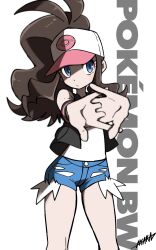 Rule 34 | 1girl, ayakadegozans, baseball cap, blue eyes, brown hair, closed mouth, commentary request, copyright name, creatures (company), denim, denim shorts, eyelashes, game freak, hat, highres, hilda (pokemon), long hair, nintendo, outstretched arms, pokemon, pokemon bw, ponytail, print headwear, shirt, shorts, signature, simple background, solo, standing, stretching, white background, white headwear, white shirt