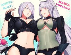 Rule 34 | 2girls, angel (kof), breasts, cleavage, highres, large breasts, maika (vocaloid), midriff, multiple girls, navel, snk, the king of fighters, vocaloid