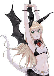 Rule 34 | 1girl, armpits, arms up, bare shoulders, belt, bikini, bikini top only, black skirt, blonde hair, blush, bracelet, detached collar, dragon girl, dragon horns, dragon tail, dragon wings, flat chest, flower, green eyes, grin, horns, jewelry, long hair, looking at viewer, monster girl, navel, nesume, original, red flower, red rose, rose, simple background, skirt, smile, solo, stretching, swimsuit, tail, white background, wings