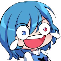 Rule 34 | 1girl, blue eyes, blue hair, bmkro, commentary, commission, english commentary, heterochromia, laughing, lowres, open mouth, red eyes, short hair, smile, solo, tatara kogasa, tears, teeth, touhou, transparent background, upper body, upper teeth only, wheeze emoji