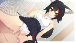 Rule 34 | 1boy, 1girl, animal ear fluff, animal ears, arm behind back, black hair, blouse, censored, clothed sex, clothing aside, crossed bangs, cum, cum in pussy, erection, girl on top, hair between eyes, highres, hololive, ookami mio, ookami mio (street), open mouth, otaku heishi, panties, panties aside, penis, pussy, sex, shirt, sleeveless, sleeveless shirt, spread legs, tail, underwear, virtual youtuber, white shirt, wolf ears, wolf girl, wolf tail, yellow eyes