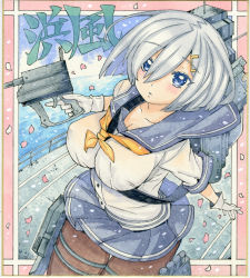 Rule 34 | 10s, 1girl, acrylic paint (medium), black pantyhose, blouse, blue eyes, blush, breasts, cannon, character name, cleavage, covered erect nipples, curvy, female focus, gloves, gun, hair ornament, hair over one eye, hairclip, hamakaze (kancolle), kantai collection, large breasts, looking at viewer, nagy, open mouth, painting (medium), pantyhose, parted lips, pleated skirt, school uniform, serafuku, shikishi, shirt, short hair, silver hair, skirt, solo, thick thighs, thighs, torpedo, traditional media, turret, weapon, white gloves