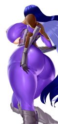 Rule 34 | 1girl, akiyama rinko, alternate hairstyle, armor, armored boots, ass, ass focus, blue hair, bodysuit, boots, breasts, floating hair, from behind, hand on ass, hand on own hip, highres, huge ass, huge breasts, japanese armor, long hair, nipple covers, purple bodysuit, simple background, sora flr, taimanin (series), taimanin suit, taimanin yukikaze, underboob, very long hair, white background