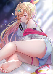 Rule 34 | 1girl, ass, bare legs, bare shoulders, barefoot, bed sheet, blonde hair, blurry, blurry background, brown eyes, cowlick, feet, foot out of frame, from side, gradient hair, hair ornament, hand up, highres, hoshikawa sara, hoshikawa sara (1st costume), jacket, kashiwagi touko, knees together feet apart, legs, long hair, looking at viewer, multicolored hair, nail polish, nijisanji, off shoulder, on bed, one eye closed, pink hair, pink nails, short shorts, shorts, skindentation, soles, solo, thigh strap, thighs, toe scrunch, toenail polish, toenails, toes, very long hair, virtual youtuber, white jacket, white shorts, x hair ornament
