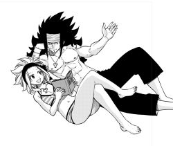 Rule 34 | 1boy, 1girl, :d, bare shoulders, bikini, black hair, black pants, book, breasts, cleavage, crossed legs, fairy tail, gajeel redfox, greyscale, headband, holding, jewelry, levy mcgarden, long hair, lying, mashima hiro, monochrome, navel, necklace, official art, on back, open book, open mouth, pants, simple background, sketch, small breasts, smile, striped bikini, striped clothes, swimsuit, very long hair, white background