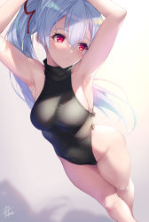 Rule 34 | armpits, arms up, bare arms, bare hips, bare legs, bare shoulders, black leotard, blue hair, blush, breasts, dutch angle, fate/grand order, fate (series), feet out of frame, fukai ryosuke, hair ribbon, heattech leotard, highleg, highleg leotard, highres, large breasts, leotard, long hair, looking away, looking to the side, parted lips, ponytail, red eyes, red ribbon, ribbon, sideboob, solo, standing, tomoe gozen (fate), turtleneck