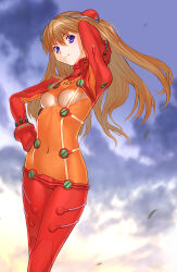 Rule 34 | 1girl, artist request, blue eyes, blush, bodysuit, breasts, brown hair, covered navel, evangelion: 2.0 you can (not) advance, floating hair, hair between eyes, hand in own hair, hand on own hip, interface headset, lips, long hair, looking at viewer, medium breasts, neon genesis evangelion, pilot suit, plugsuit, rebuild of evangelion, red bodysuit, see-through, see-through bodysuit, simple background, sky, solo, souryuu asuka langley, test plugsuit, two side up, very long hair, wide hips