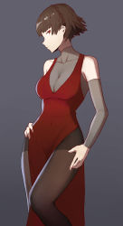 Rule 34 | 10s, 1girl, alternate costume, bare shoulders, bodysuit, breasts, brown hair, cleavage, collarbone, detached sleeves, dress, evening gown, grey background, hairband, hand on own hip, niijima makoto, pantyhose, persona, persona 5, red dress, red eyes, short hair, solo, thighband pantyhose, vic (vedream)