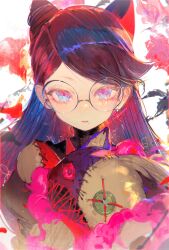 Rule 34 | 1girl, bayonetta (series), bayonetta origins: cereza and the lost demon, black dress, black hair, blue eyes, cereza, commentary, cone hair bun, dress, glasses, hair bun, highres, holding, holding stuffed toy, kurikabacha, long hair, looking at viewer, multicolored eyes, multicolored hair, parted lips, pink eyes, pink gemstone, red hair, round eyewear, solo, stuffed toy, turtleneck dress, upper body