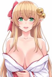 Rule 34 | 1girl, :d, amane hasuhito, bad id, bad pixiv id, bare shoulders, bell, blonde hair, blush, bow, breasts, collarbone, green eyes, hair bell, hair bow, hair ornament, hair ribbon, japanese clothes, jingle bell, large breasts, long hair, long sleeves, looking at viewer, meikyuu tansaku dragon princess, off shoulder, open mouth, pointy ears, red bow, ribbon, ribbon-trimmed sleeves, ribbon trim, smile, solo, teeth, upper body, wide sleeves