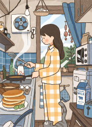 1girl absurdres animal basket black_hair blush breakfast cat cleaning_brush closed_mouth commentary_request cooking curtains egg food fruit frying_pan highres indoors kitchen kiwi_(fruit) kiwi_slice long_hair long_sleeves marunoki microwave milk_carton mixing_bowl morning original oven_mitts pajamas pancake pancake_stack pants plaid_clothes plaid_pajamas plaid_pants plaid_shirt plant potted_plant profile shelf shirt smile solo spatula standing tile_wall tiles toaster unmoving_pattern whisk window wooden_floor