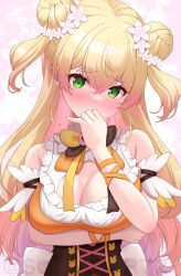 Rule 34 | 1girl, blonde hair, blush, breast hold, breasts, cleavage, cleavage cutout, clothing cutout, covering own mouth, double bun, flower, green eyes, hair bun, hair flower, hair ornament, heart, heart background, highres, hololive, long hair, medium breasts, momosuzu nene, pink background, solo, suicabar72, virtual youtuber, watermark