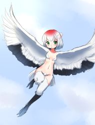 Rule 34 | 1girl, blue sky, breasts, claws, cloud, cloudy sky, day, flying, flying sweatdrops, green eyes, harpy, kai himo, looking at viewer, monster girl, multicolored hair, navel, original, outdoors, red hair, short hair, sketch, sky, small breasts, solo, spread wings, winged arms, wings