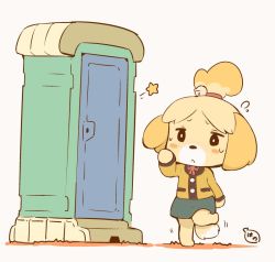 Rule 34 | 1girl, animal crossing, animal ears, beige background, bell, black eyes, blonde hair, blush, blush stickers, closed mouth, dog ears, dog girl, dog tail, door, female focus, full body, furry, furry female, green skirt, hair bell, hair ornament, hair tie, hand up, hanomido, have to pee, isabelle (animal crossing), jacket, japanese text, jingle bell, jpeg artifacts, leg up, long sleeves, neck ribbon, nintendo, red ribbon, ribbon, short hair, simple background, skirt, solo, standing, standing on one leg, star (symbol), sweat, tail, toilet, topknot, translation request, yellow jacket