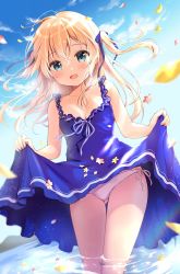 Rule 34 | 1girl, :d, amedamacon, bare arms, bare shoulders, blonde hair, blue dress, blue eyes, blue ribbon, blush, breasts, cleavage, clothes lift, commentary request, day, dress, dress lift, flower, frilled dress, frills, hair between eyes, hair ribbon, highres, lifting own clothes, long hair, looking at viewer, neck ribbon, open mouth, original, outdoors, panties, petals, red flower, ribbon, side-tie panties, sleeveless, sleeveless dress, small breasts, smile, solo, two side up, underwear, water, white panties, yellow flower