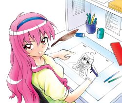 Rule 34 | 1girl, ahoge, animation paper (object), animator, annkoku daimaou, blue hairband, bread, breasts, calendar (object), chair, chibi, commentary, crumbs, cup, desk, drawing, drawing equipment, duster, eating, eraser, feather duster, food, from above, from behind, gloves, hairband, highres, holding, holding pencil, light box, long hair, looking at viewer, looking back, looking up, louise francoise le blanc de la valliere, mechanical pencil, melon bread, office, office chair, peg bar, pencil, pencil case, pencil sharpener, pink hair, red eyes, shelf, shirt, simple background, single glove, sitting, small breasts, smile, solo, swivel chair, upper body, white background, white gloves, yellow shirt, zero no tsukaima