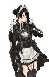 Rule 34 | 1girl, agent (girls&#039; frontline), alternate costume, apron, assault rifle, black thighhighs, exoskeleton, frilled sleeves, frills, girls&#039; frontline, gloves, gun, highres, holster, maid, maid apron, maid headdress, mutugorou u, rifle, solo, strap, thigh strap, thighhighs, weapon