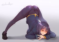 Rule 34 | 1girl, :d, arm support, ass, black footwear, black jacket, blazer, blush, breasts, full body, gradient background, grey background, hashtag, highres, jack-o&#039; challenge, jacket, kagami uekusa, large breasts, loafers, long sleeves, looking at viewer, motion lines, nijisanji, no pants, open mouth, panties, panties under pantyhose, pantyhose, purple hair, purple pantyhose, school uniform, shizuka rin, shizuka rin (1st costume), shoes, smile, solo, sweat, thighband pantyhose, trembling, underwear, virtual youtuber, yellow eyes